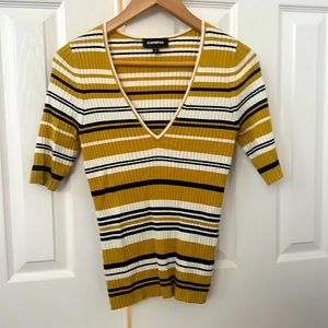 Express Medium 3/4 Sleeve V Neck Striped Sweater